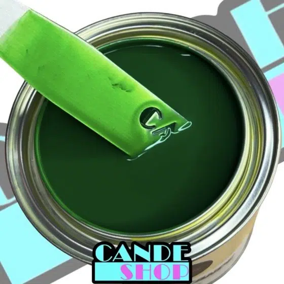 ectoplasm urethane cande in a quart can with a stainless steel mixing stick being pulled out to show the anti-freeze green transparent color