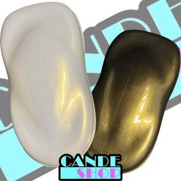 Fluro Frenzy Gold spray outs over white (on the left) and over black (on the right) showing the gold color flop