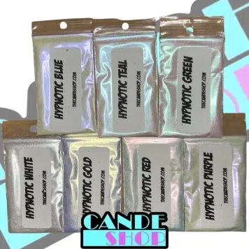 Hypnotic Pearl Sample Pack, consisting of seven 5 gram bags of white, gold, red, blue, purple, teal, and green sparkling xirallic pearls