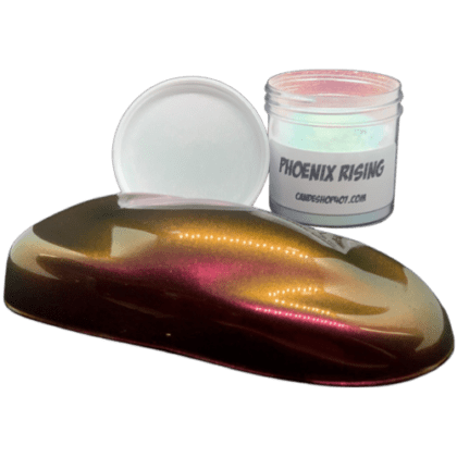 phoenix rising chameleon pearl spray out over black and jar of powder pearl