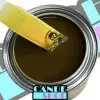 unreduced pineapple cande in a quart can with a stainless steel mixing stick being pulled out to show the yellow gold transparent color