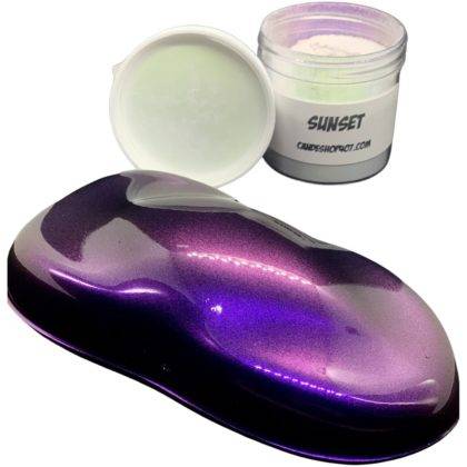 sunset chameleon pearl spray out over black and jar of pearl powder